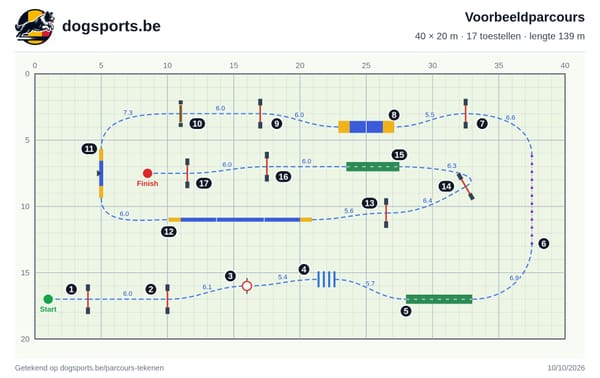Voorbeeldparcours volgens de FCI-richtlijnen op een ring van 40 × 20 m, getekend met de parcourstool van dogsports.be